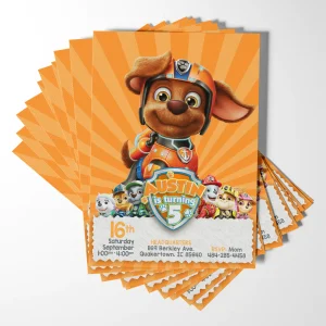 A colorful Paw Patrol birthday invitation featuring Zuma, ready to be personalized for your child's birthday celebration.