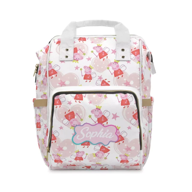 Pink Peppa Pig diaper bag backpack with Peppa dressed as a fairy with a wand and stars, the baby's name printed on the front pocket.