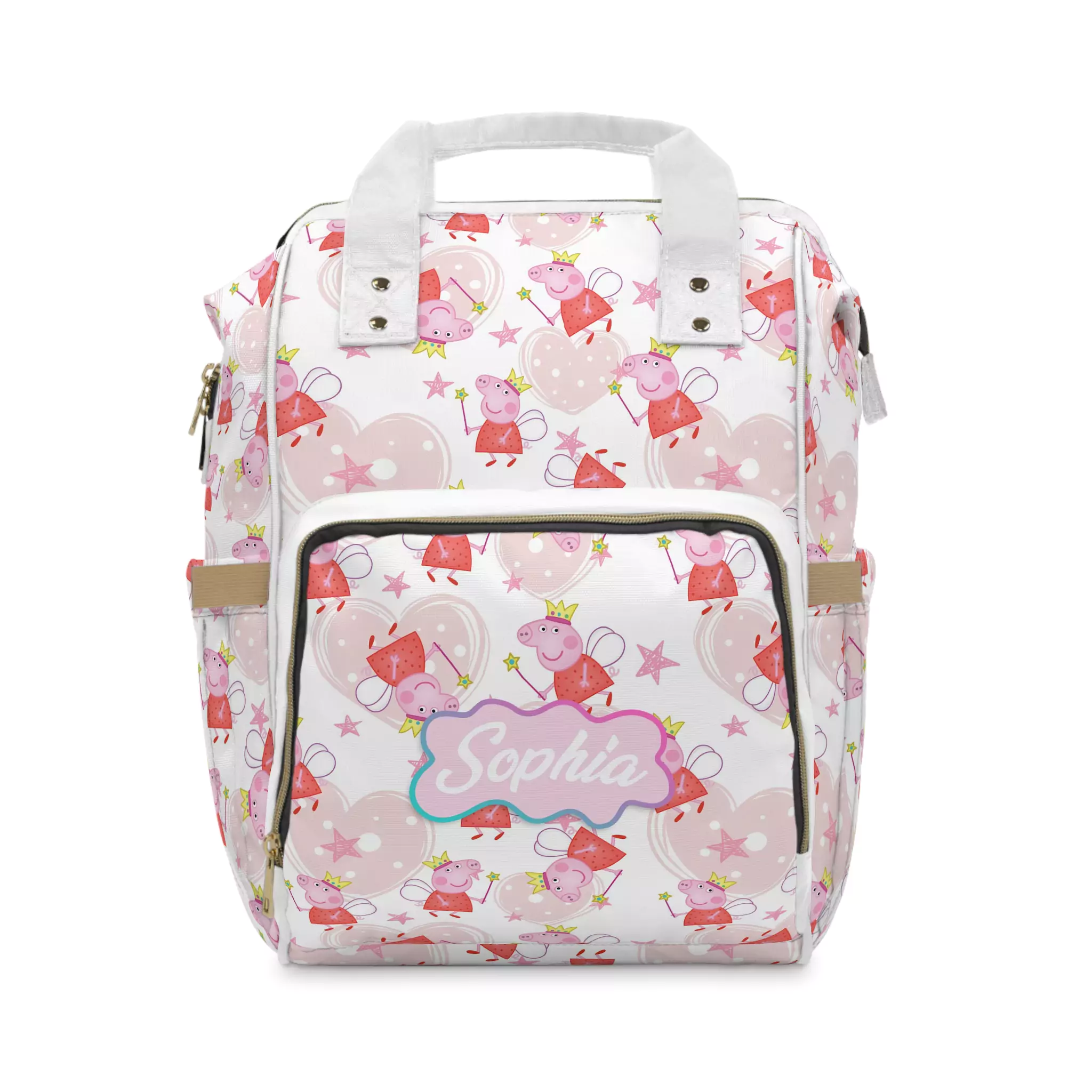 Pink Peppa Pig diaper bag backpack with Peppa dressed as a fairy with a wand and stars, the baby's name printed on the front pocket.