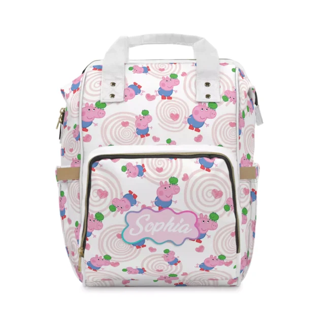 Peppa Pig diaper bag with Peppa and George on a pink swirl background, personalized with the baby's name.