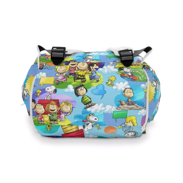 Front view of the unisex Snoopy diaper bag showing all pockets.