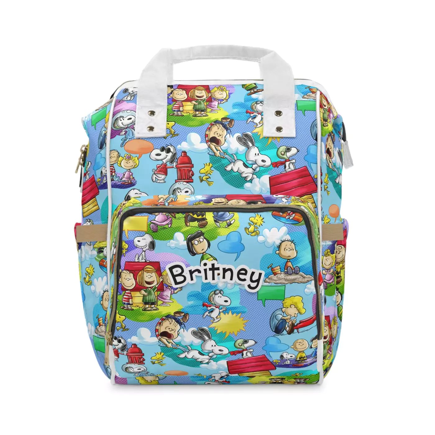 Light blue Snoopy diaper bag backpack with the Peanuts gang — Snoopy, Charlie Brown, Woodstock, Lucy and Linus — the baby's name printed on the front pocket.