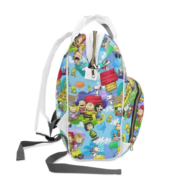 Side profile of the Snoopy Peanuts nappy bag.