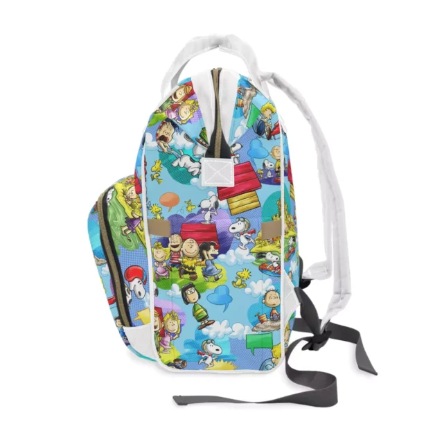 Side view of the Snoopy Peanuts diaper bag with the colorful all-over gang print.