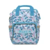 Blue Stitch diaper bag backpack covered in Stitch poses and pink flowers.