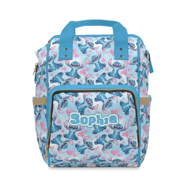 Blue Stitch diaper bag backpack covered in Stitch poses and pink flowers.
