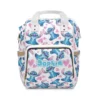 White Stitch diaper bag backpack with blue Stitch poses and pink hearts, the baby's name printed on the front pocket.
