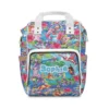 Colorful Lilo and Stitch diaper bag backpack with a tropical island scene, hibiscus flowers and Scrump.