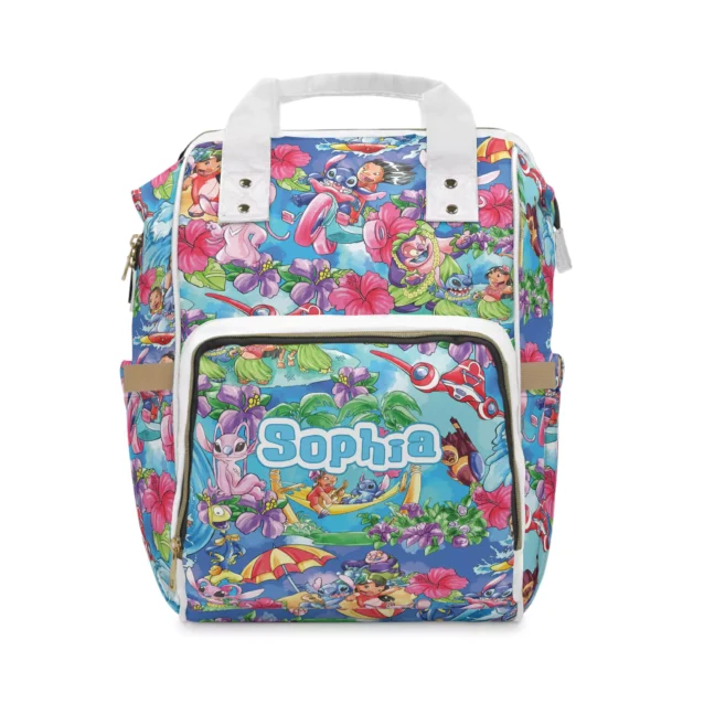 Colorful Lilo and Stitch diaper bag backpack with a tropical island scene, hibiscus flowers and Scrump.
