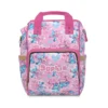 Pink Angel and Stitch diaper bag backpack with blue hearts and pink handles.