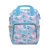 Light blue Stitch and Angel diaper bag backpack with hearts, personalized with the baby's name.