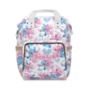 White Stitch and Angel diaper bag with big blue hearts and hugging couple art.