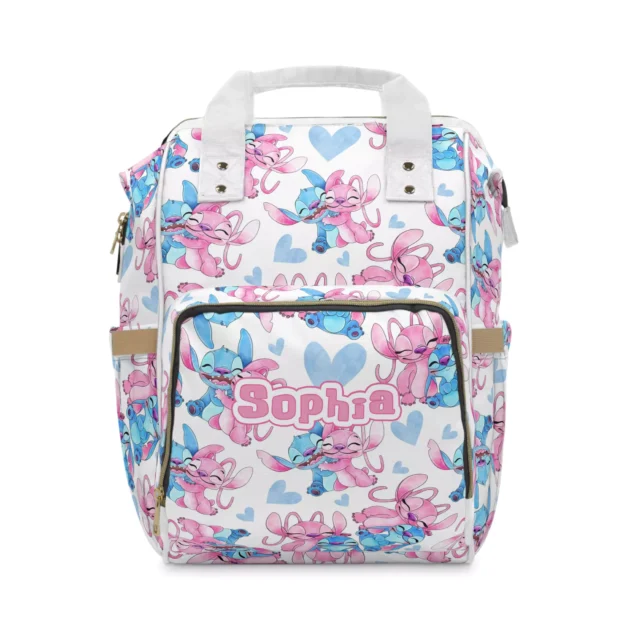 White Stitch and Angel diaper bag with big blue hearts and hugging couple art.