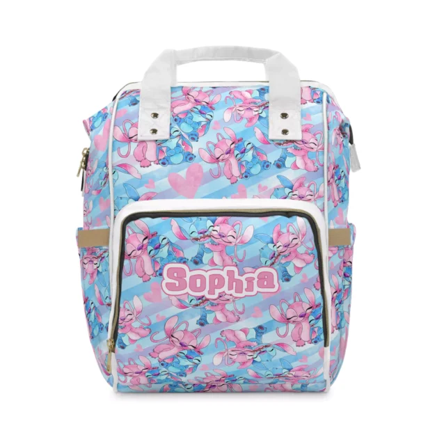 Stitch and Angel diaper bag with blue diagonal stripes and couple artwork.