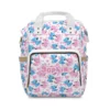Stitch and Angel nappy bag with a dense pink and blue character toss print on white.