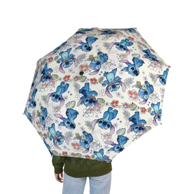 The Stitch umbrella standing open to dry after a downpour.
