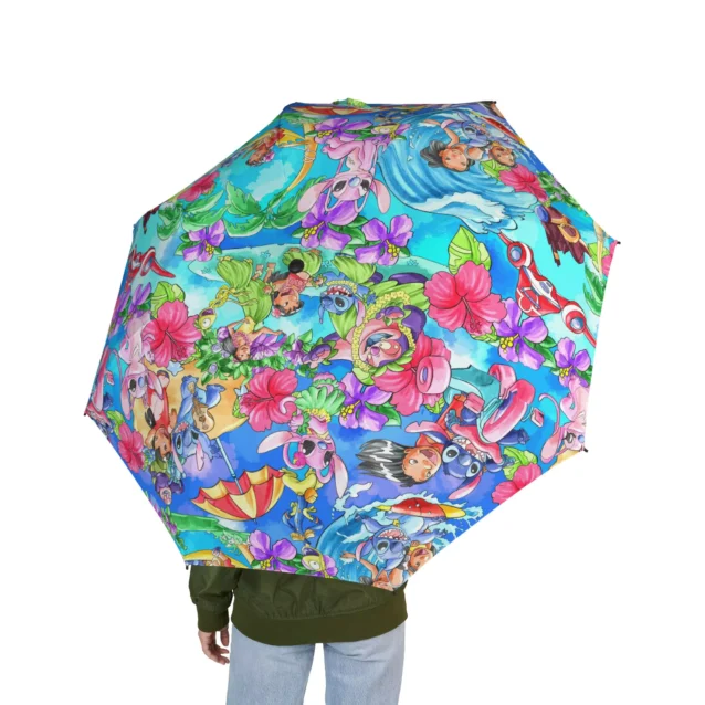 A personalized name printed on the Stitch umbrella canopy.
