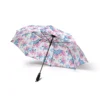 The Stitch umbrella held against a grey, rainy sky.