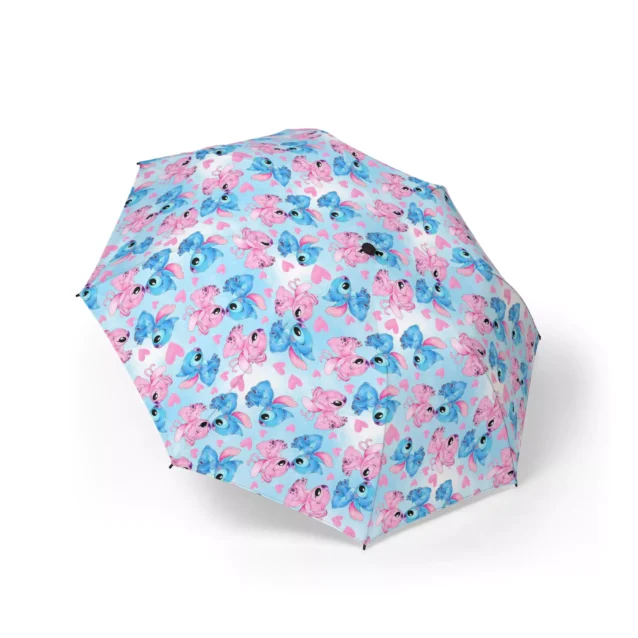 The Stitch Stitch & Angel Hearts (Blue) umbrella, open and printed edge to edge.