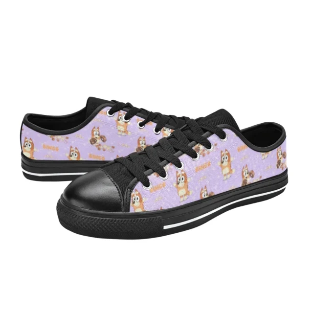 Vibrant purple personalized canvas shoes featuring cartoon graphics for kids
