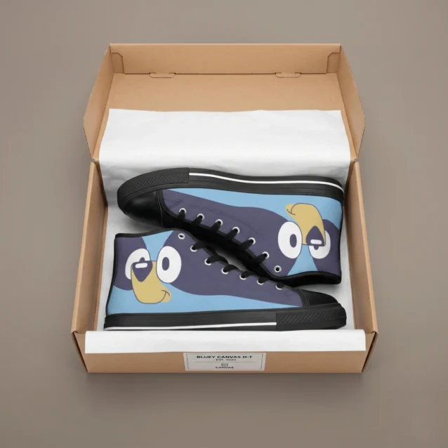Custom Bluey tennis shoes for kids displayed on a light wooden floor next to colorful playground toys and blocks
