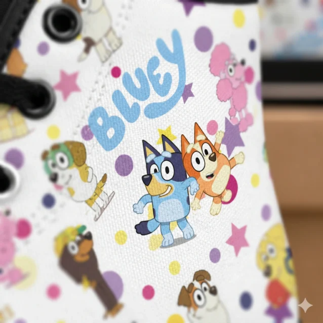 Detailed structural view of custom Bluey Converse style canvas shoes for active children