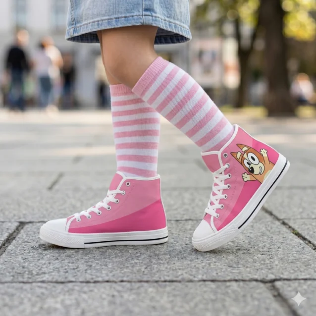 Custom pink Bluey shoes and pastel sneakers for girls displaying front canvas design