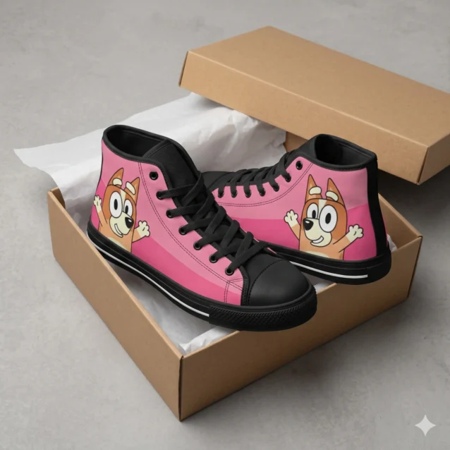 Rear view of personalized pink Bluey shoes showing matching high top canvas finish
