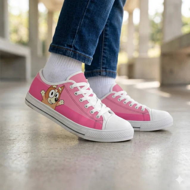 Side profile view of custom pink Bluey shoes and canvas sneakers for girls