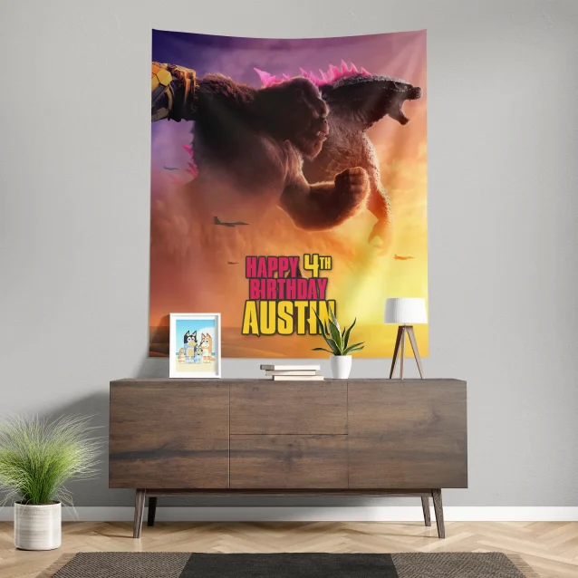 Decorate for a monstrous birthday: Kong X Godzilla banner in various sizes.