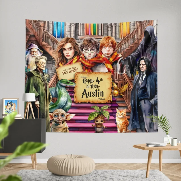 Image of personalized Harry Potter birthday banner: A colorful birthday banner featuring the Harry Potter theme, personalized with a child's name and age.