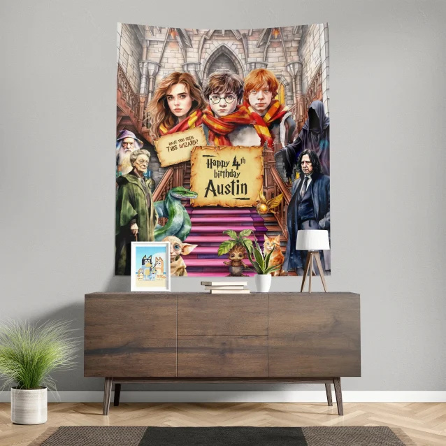 Image of customizable Harry Potter banner options: A selection of different Harry Potter birthday banner designs, showcasing the option to choose between Hogwarts houses.