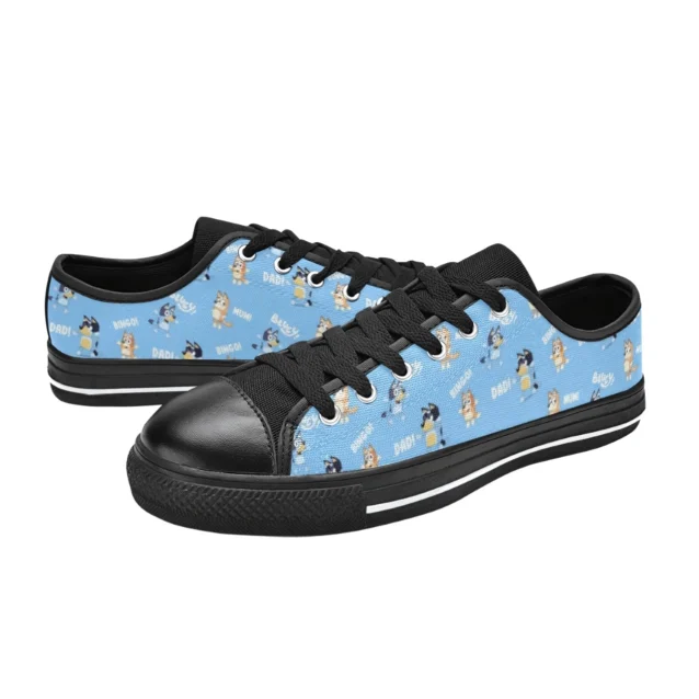 Custom Heeler Family Portrait edition Bluey shoes featuring Chilli, Bandit, Bluey, and Bingo graphics
