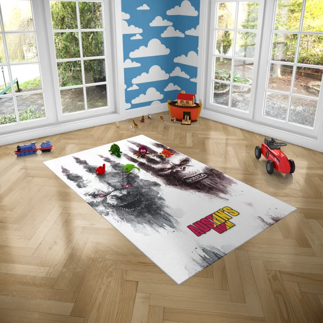 Cozy Kong vs. Godzilla movie rug, available in multiple sizes for any room.