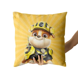 Bright yellow Paw Patrol pillowcase featuring Rubble, ready for action.
