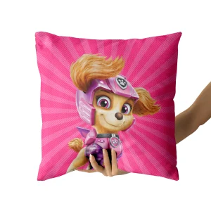 Adorable Skye character on a pink pillowcase, a dream for Paw Patrol lovers.