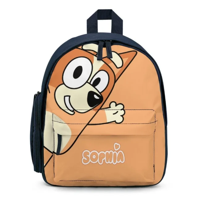 Custom personalized pink Bingo school backpack for girls featuring vibrant character graphics and durable padded straps.