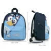 Side and back view of the custom Bluey school backpack highlighting the ergonomic padded shoulder straps and dual mesh water bottle pockets.