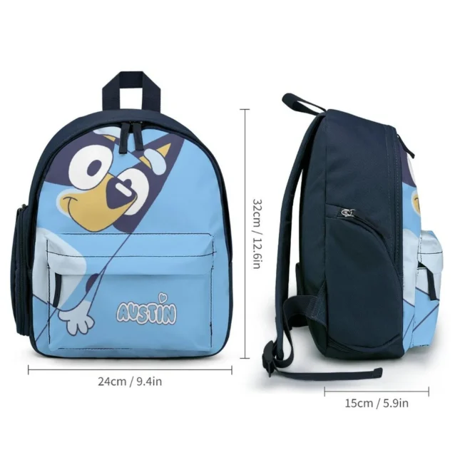 Side and back view of the custom Bluey school backpack highlighting the ergonomic padded shoulder straps and dual mesh water bottle pockets.