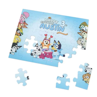 Detail shot of the smooth, non-toxic finish on a Bluey wooden puzzle piece.