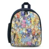 Bright yellow personalized Bluey kids backpack showcasing the entire Heeler family with custom printed name text.