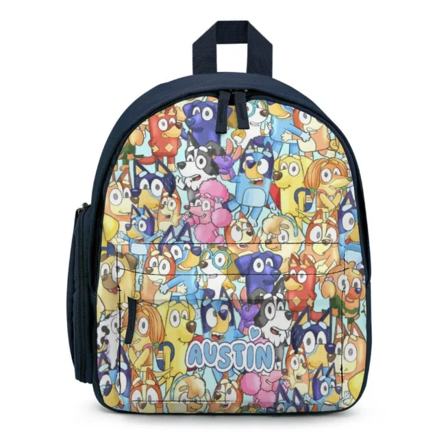 Bright yellow personalized Bluey kids backpack showcasing the entire Heeler family with custom printed name text.