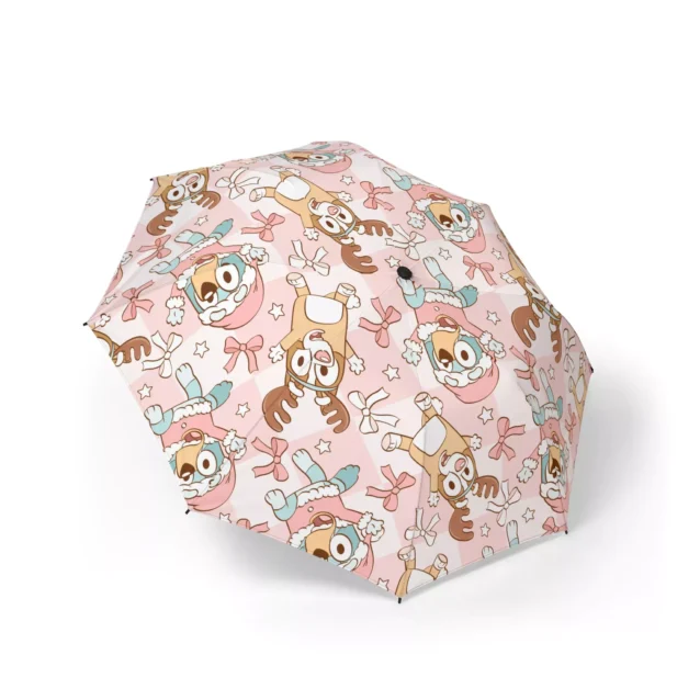 The Bluey Christmas Bluey & Bingo Christmas (Pink) umbrella, open and printed edge to edge.
