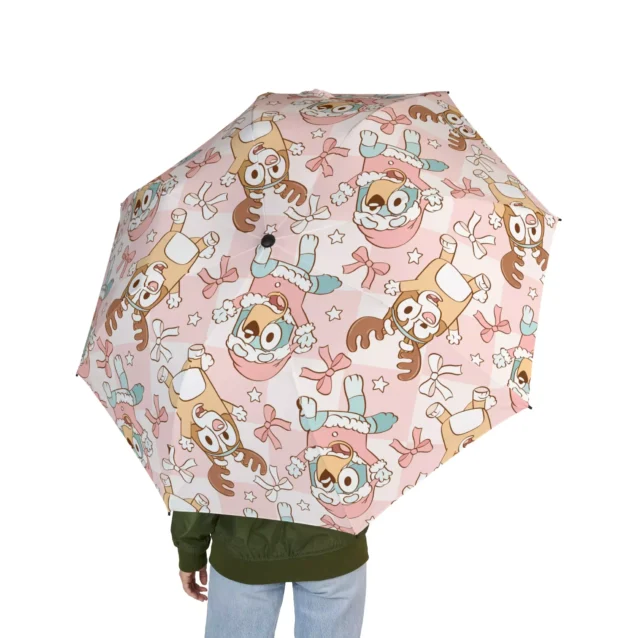 Underside of the Bluey Christmas umbrella showing its waterproof canopy.