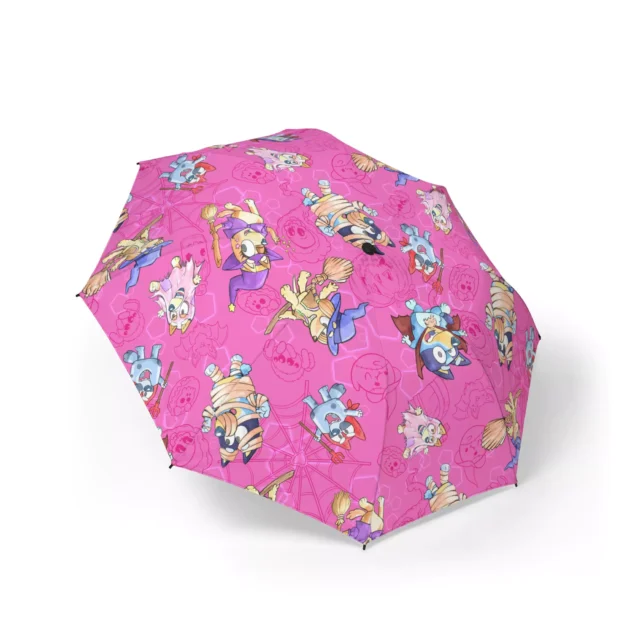 Bluey Halloween Halloween Bluey (Pink) umbrella held open in the rain.
