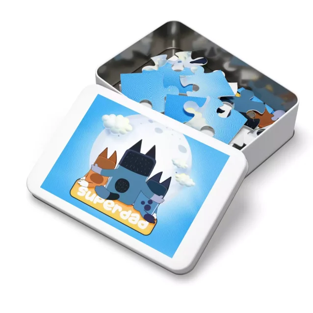 Personalized Bluey Dad Puzzle in its gift-ready metal tin.