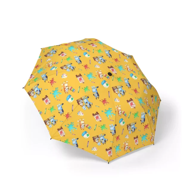 Bluey Bluey on Yellow umbrella held open in the rain.