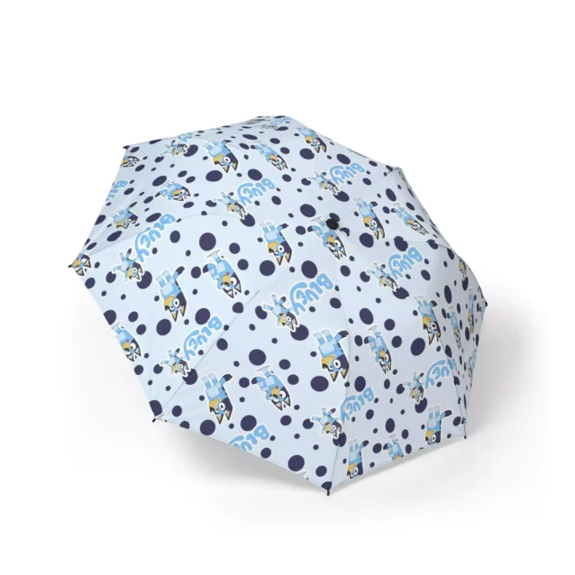 The Bluey Bluey Solo (Light Blue) umbrella, open and printed edge to edge.