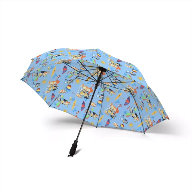 The Bluey umbrella open, spanning a generous 48 inches.