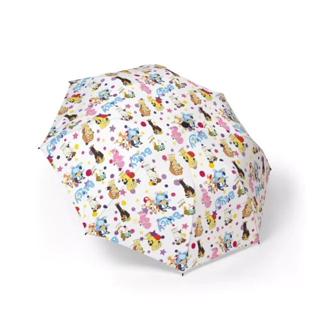 A Bluey umbrella printed with the Heeler Family on White artwork.